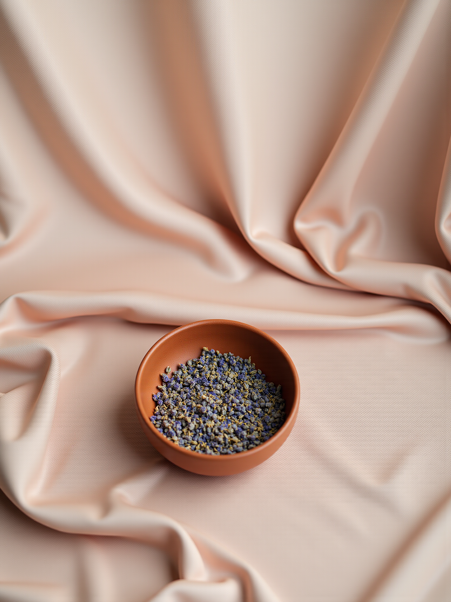dried herbs in a terracotta coloured bowl against a champagne silk background