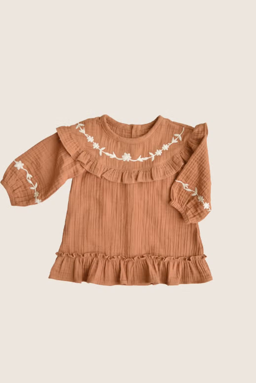 Cotton Muslin Embroidered Tunic in Rust Front View