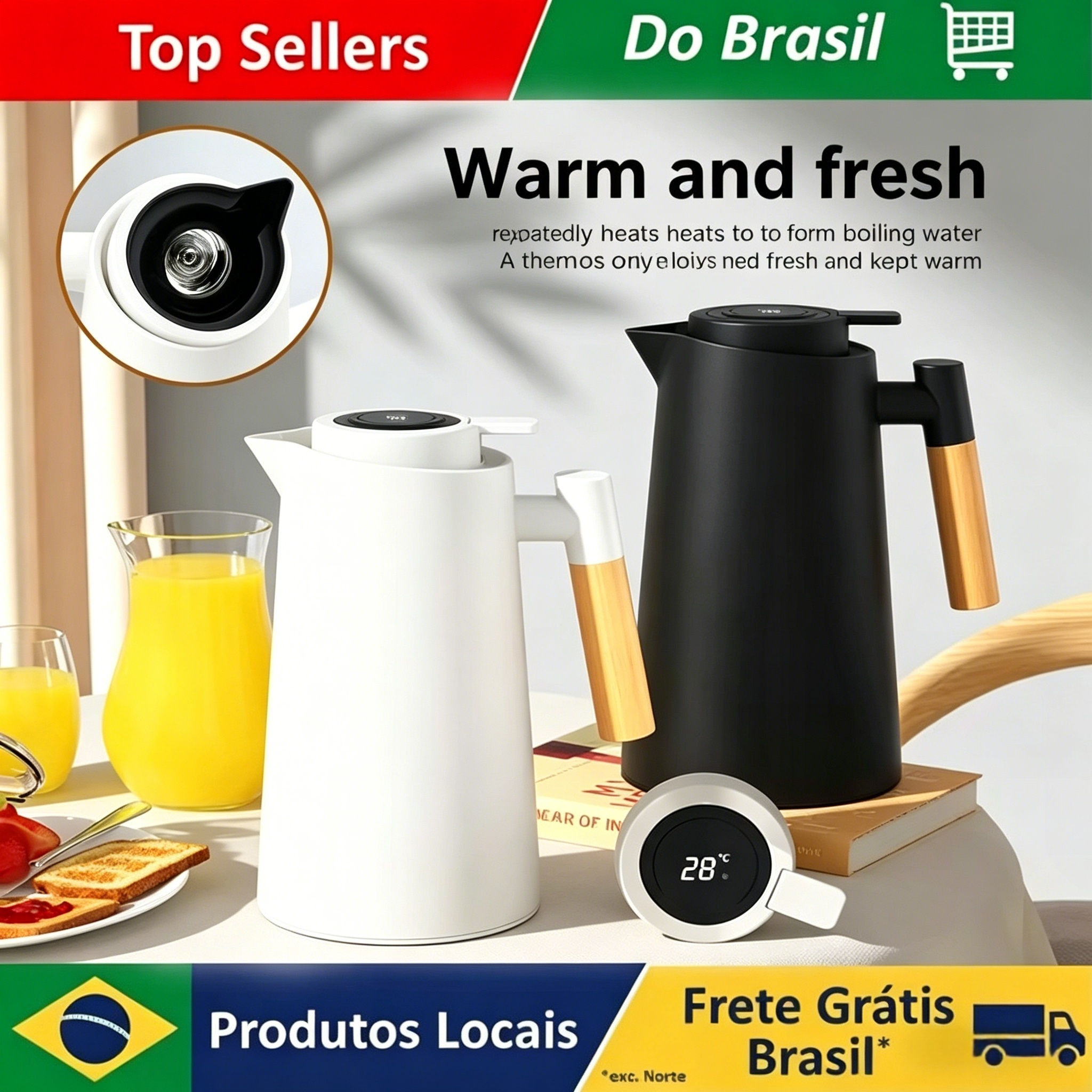 Brazil 1L Nordic Vacuum Flask Wood Handle Glass Liner Hot Water Jug Bottle Doubl