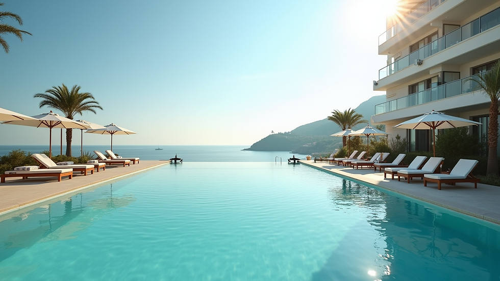 Vista aérea de resort à beira-mar com piscina e praia