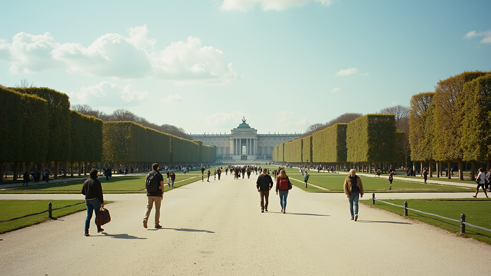 Wide angle view of the Jardin des Tuileries with people walking