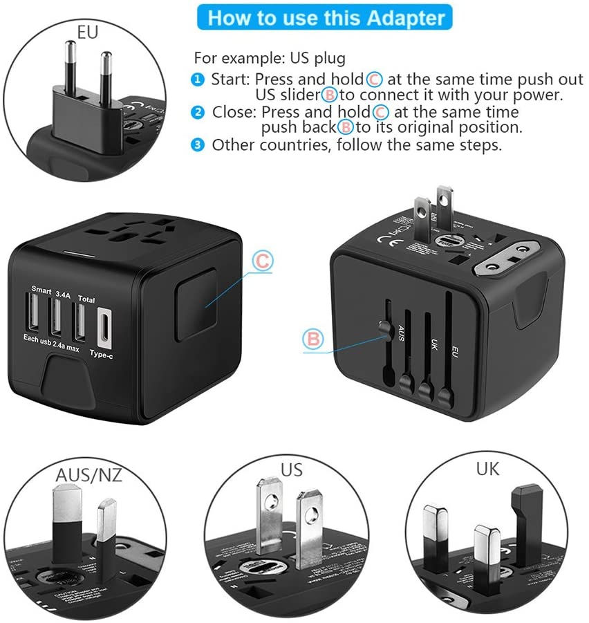 Adaptador de viagem universal preto com plugues EU, US, AUS/NZ, UK e portas USB.