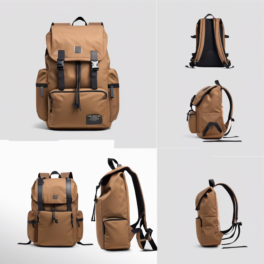 Mochila marrom em diferentes ângulos