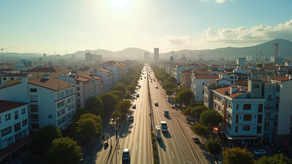 Vista aérea de cidade turística com prédios e ruas movimentadas