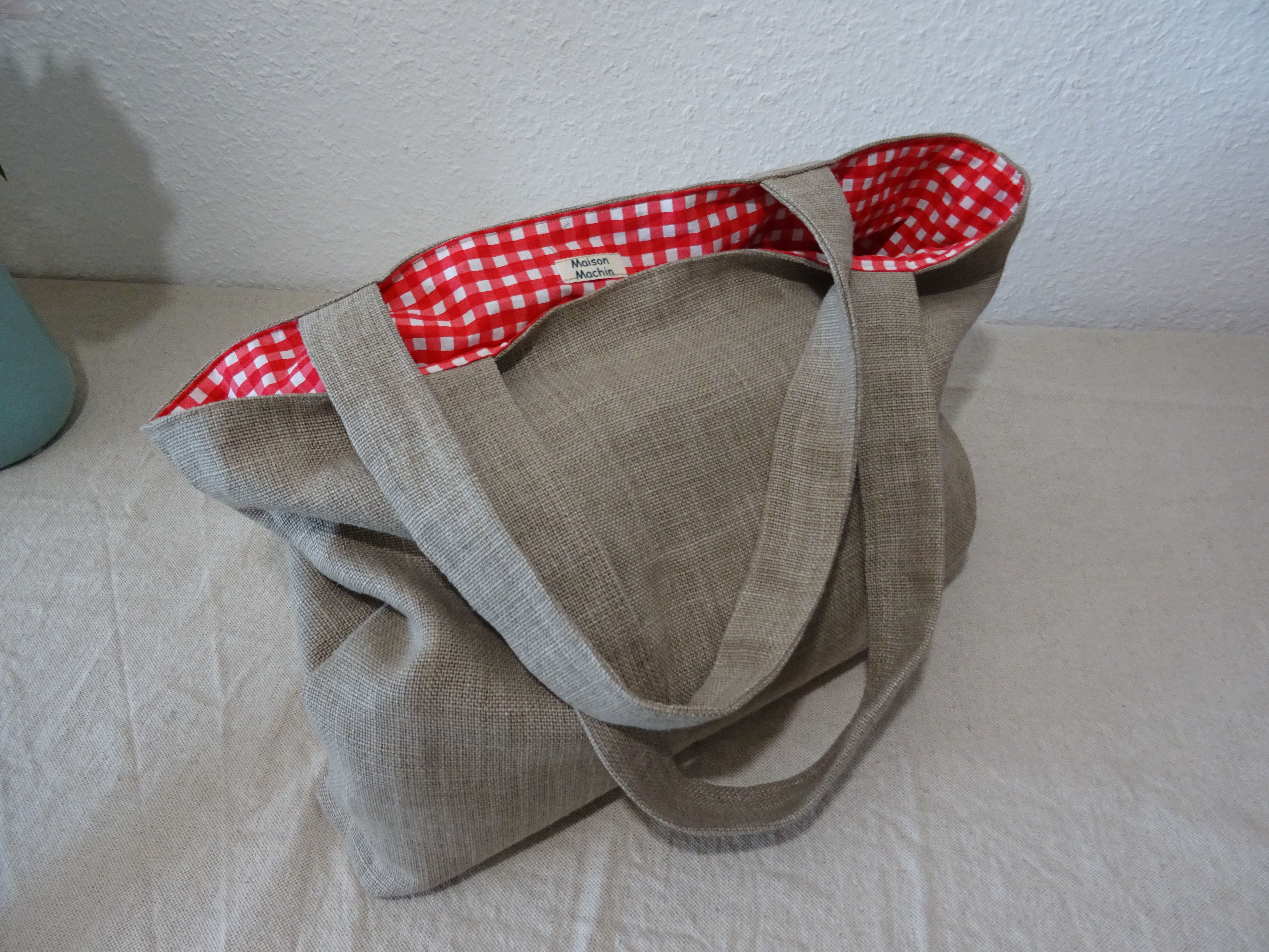 Grand cabas réversible lin naturel / vichy