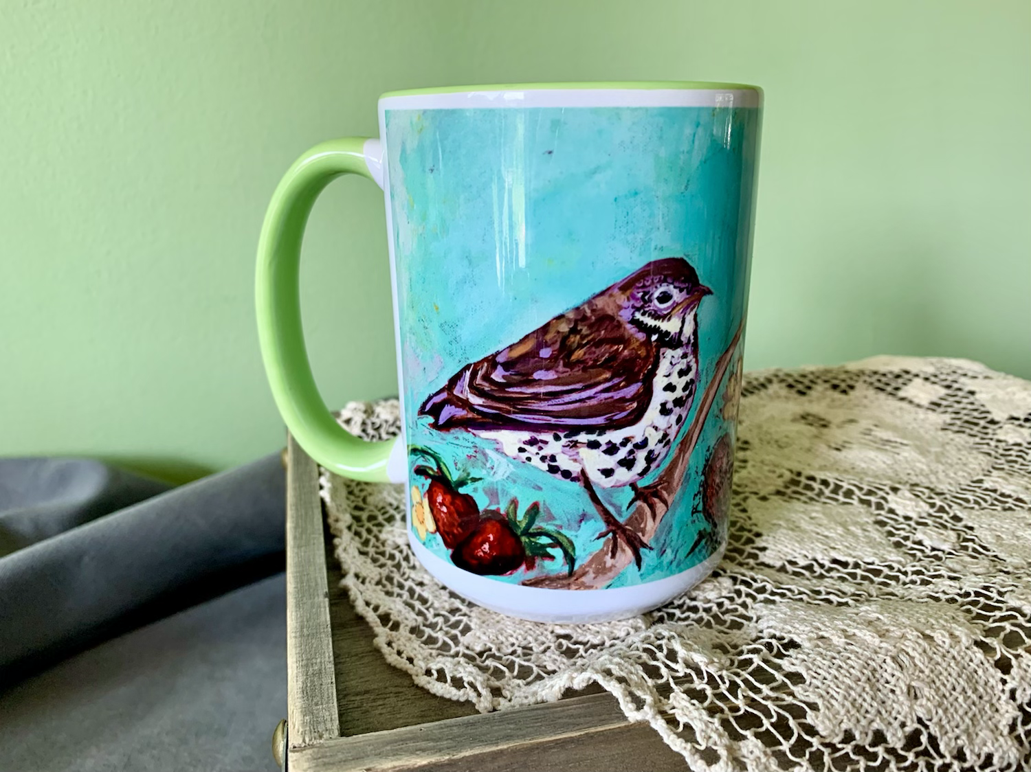 15 oz. Ceramic Bird Mug - Wood Thrush with Berries