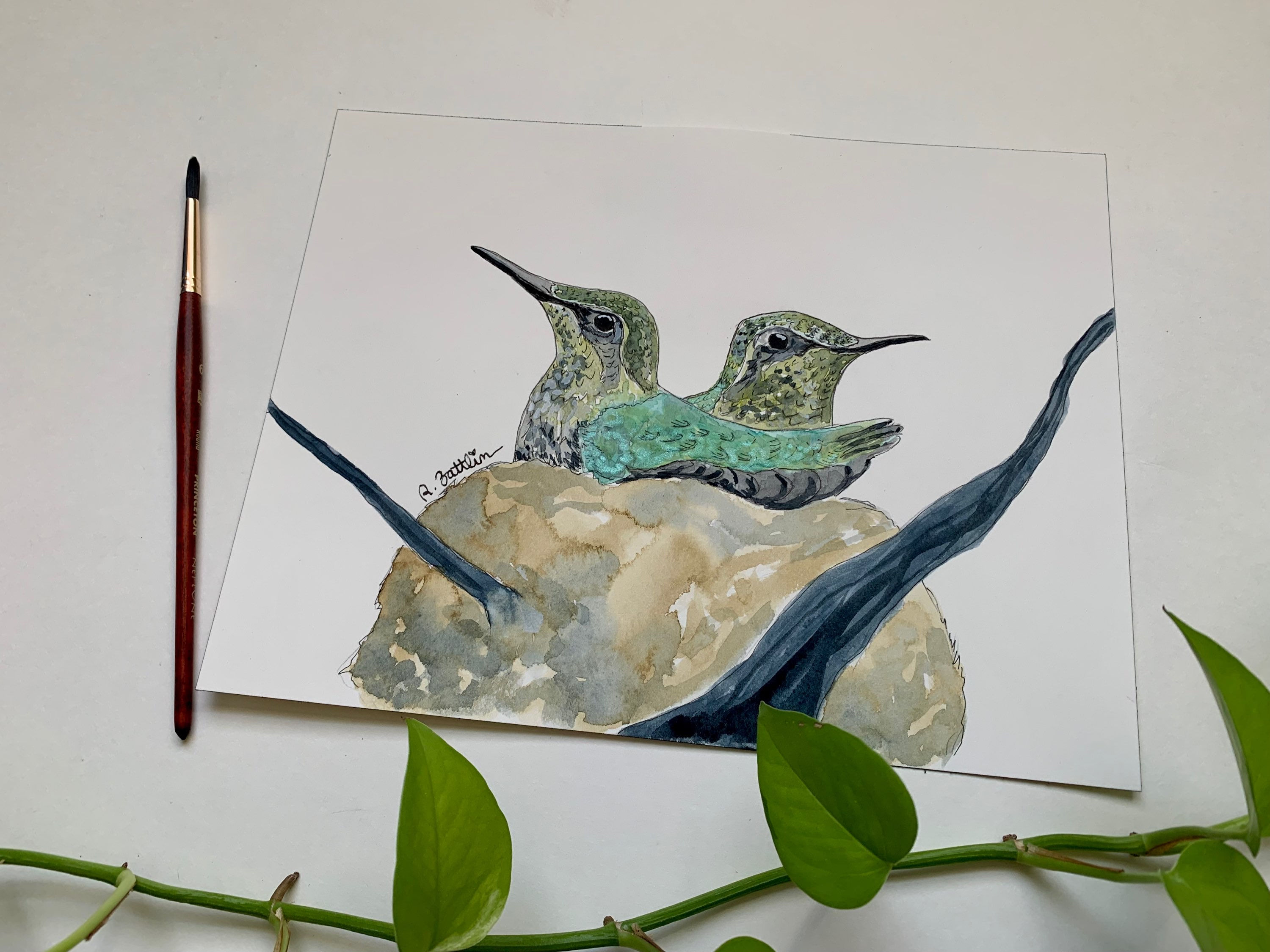 Hummingbird babies - Original Watercolor/Ink Painting - 8x10 inch