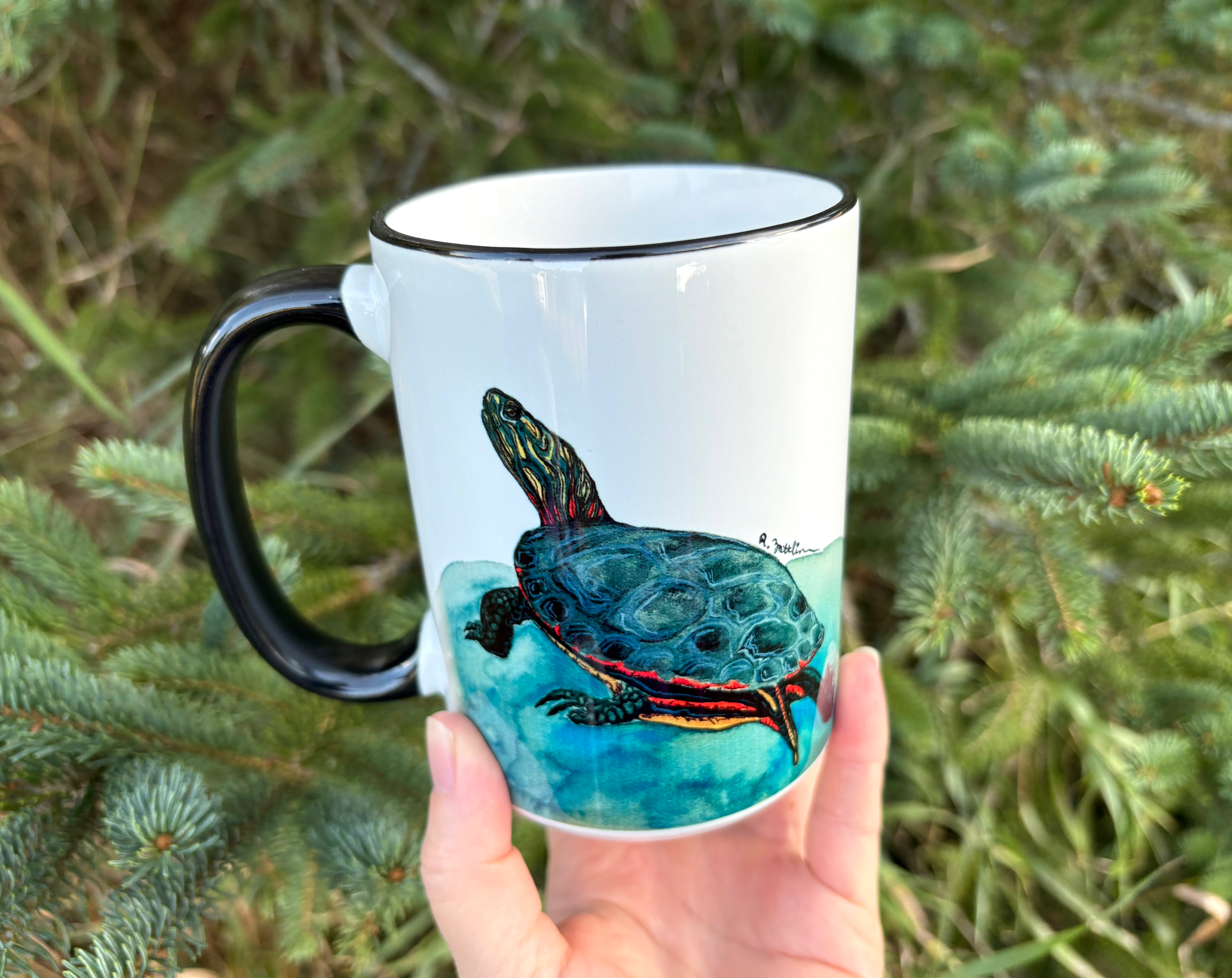 Painted Turtle Mug - Large Ceramic Mug 15 oz- Black Mug