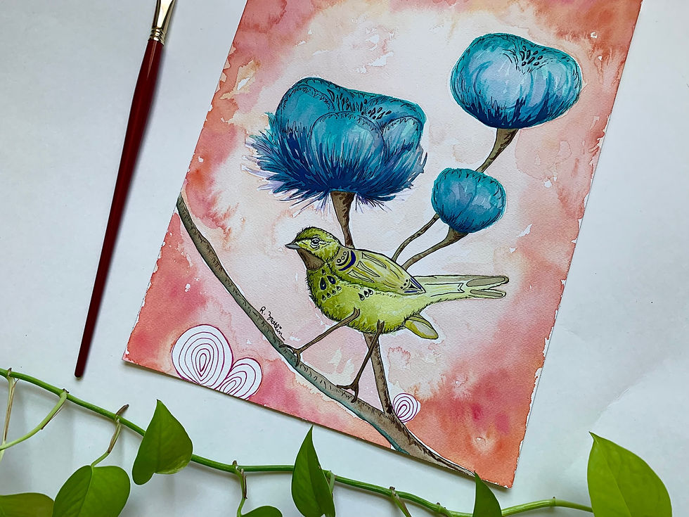 Thumbnail: "Doodle Bird" 11x14 inch Original Watercolor and Ink Painting