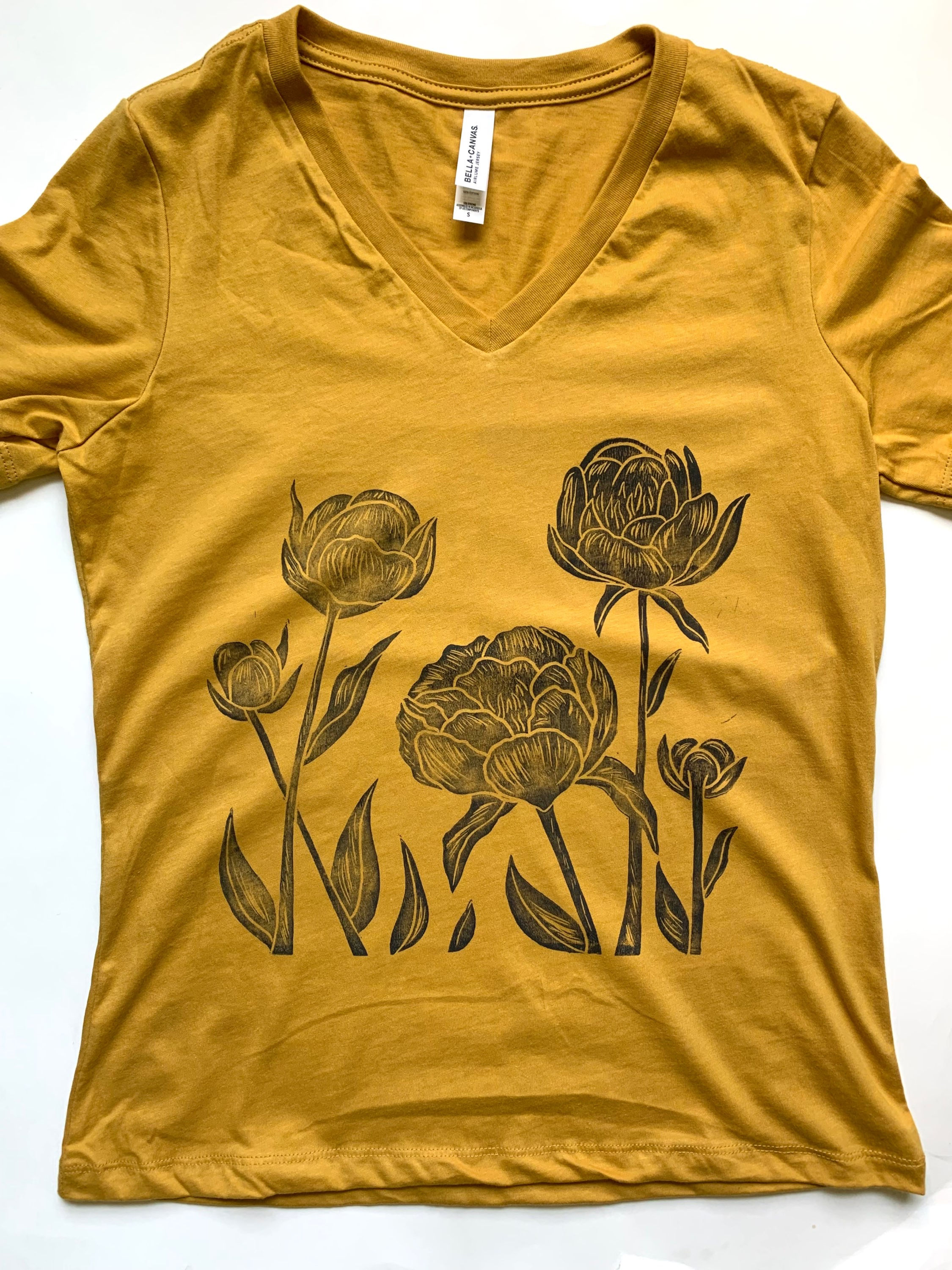 PRE-ORDER - "Sweet Peonies" V Neck Tee - Short Sleeve - Mustard Yellow