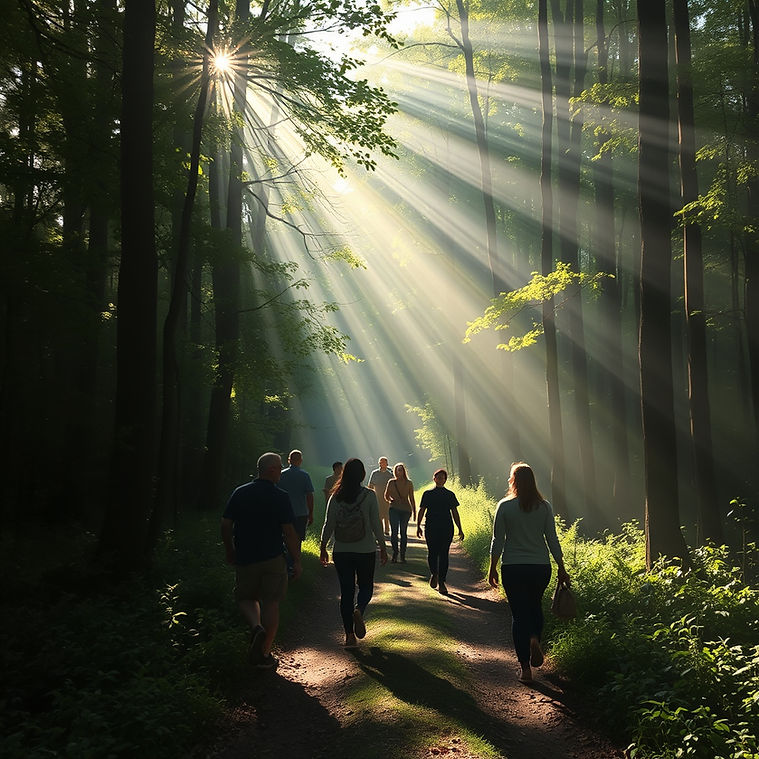 A beutiful spirital forest path with light burst and shadowed several happy people walking