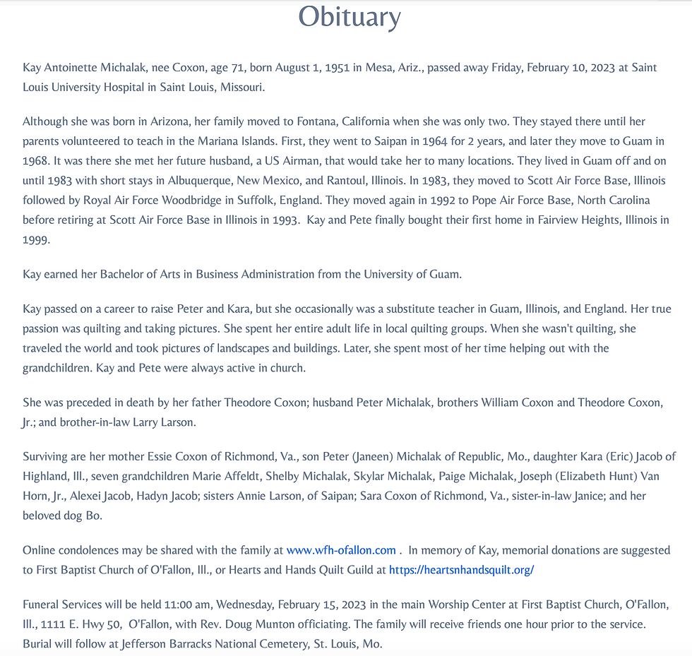 Kay Coxon Obituary, Wolfersberger Funeral Home, O'Fallon, Illinois