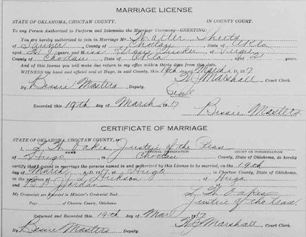 Grace and Walter Sheets Marriage Record