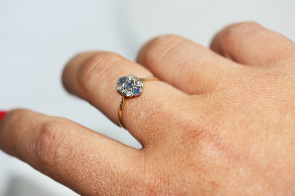 Thumbnail: Art Deco Platinum and 18ct Gold, Diamond Aquamarine Panel Ring