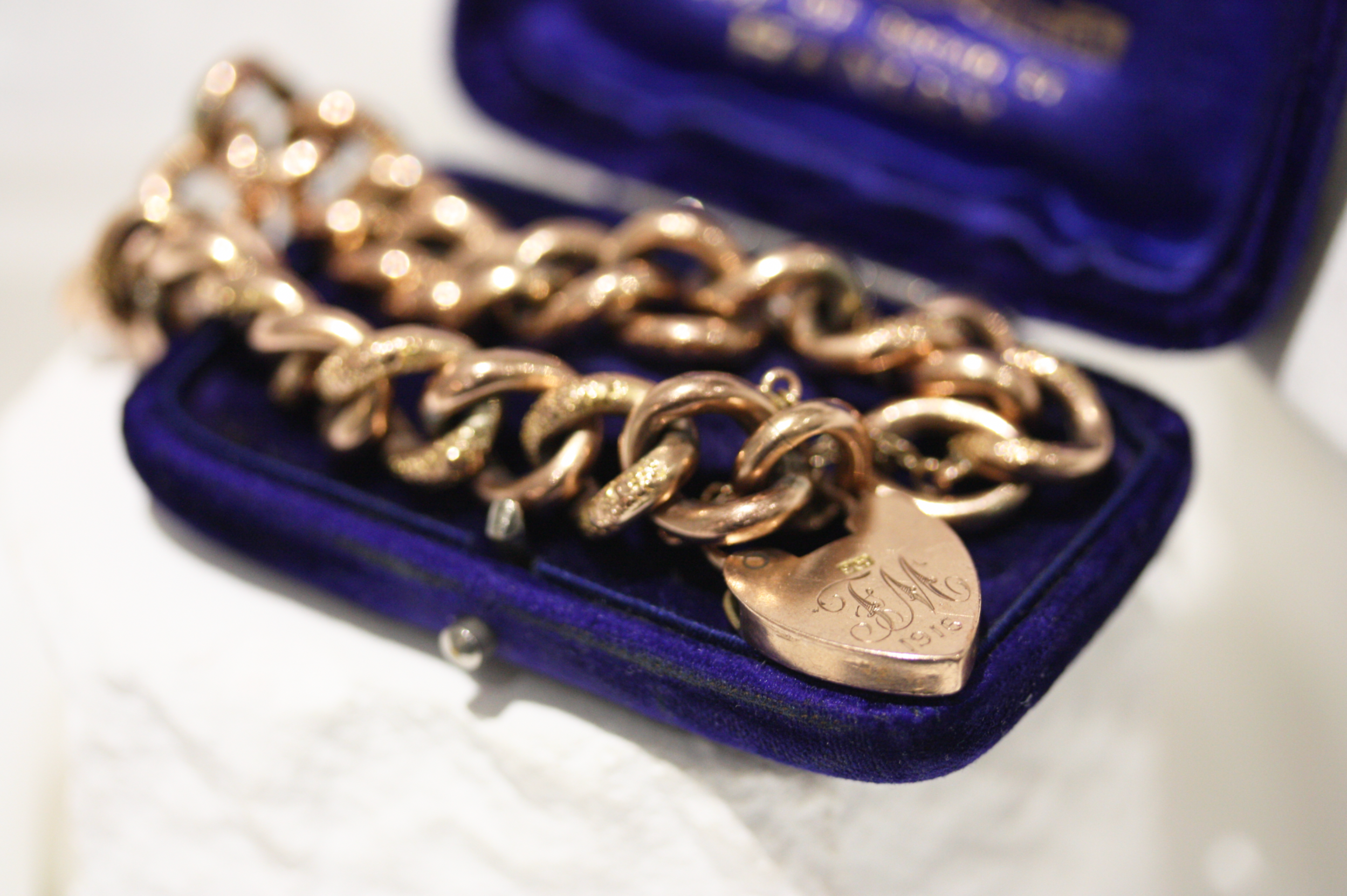 Antique 9ct Rose Gold Heart Padlock Bracelet, Dated 1916