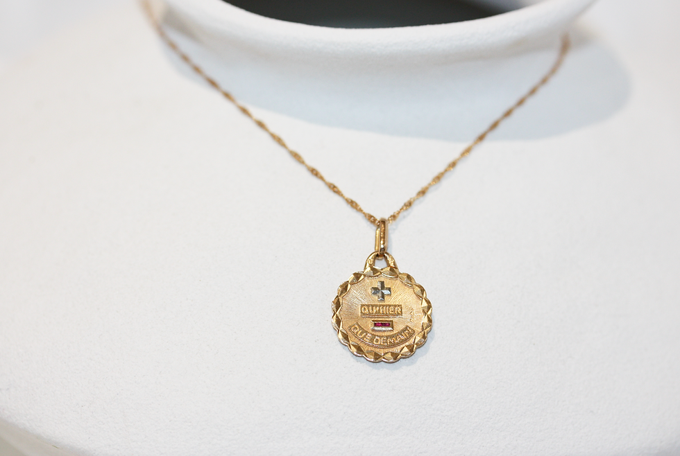 Thumbnail: Antique French 18ct Gold Ruby Augis “Qu’Hier Que Demain” Love Token Necklace