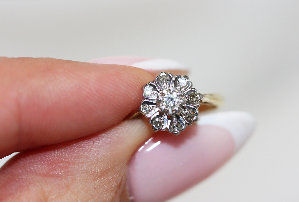 Thumbnail: Vintage 18ct Gold Diamond Flower Cluster Ring, c.1975