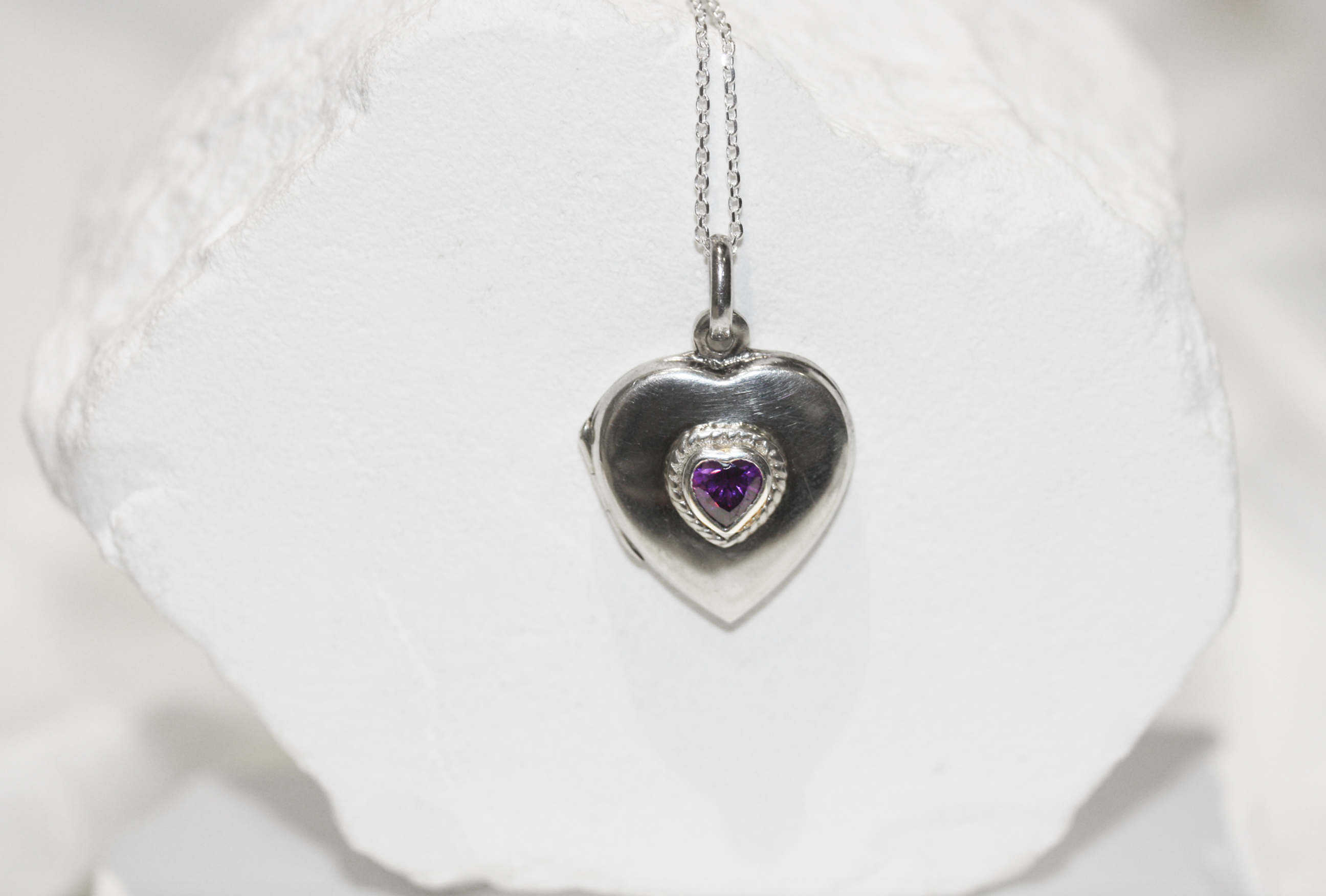 Vintage Sterling Silver Amethyst Heart Locket Necklace
