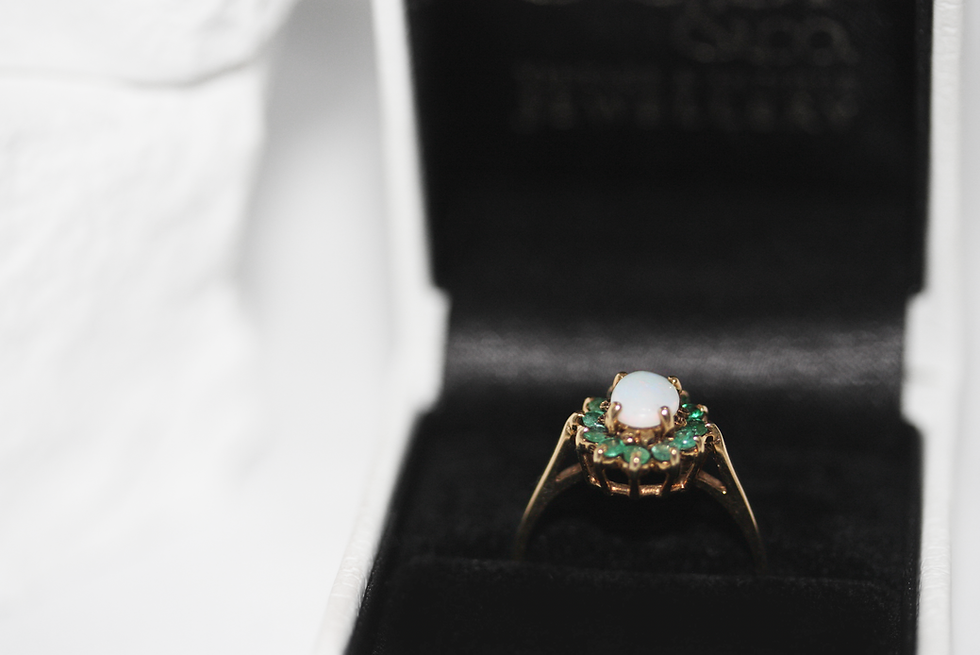 Thumbnail: Vintage 9ct Gold Fiery Opal and Emerald Flower Cluster Ring