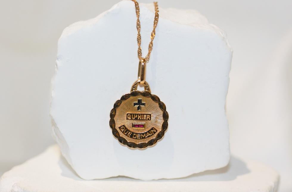 Thumbnail: Antique French 18ct Gold Ruby Augis “Qu’Hier Que Demain” Love Token Necklace