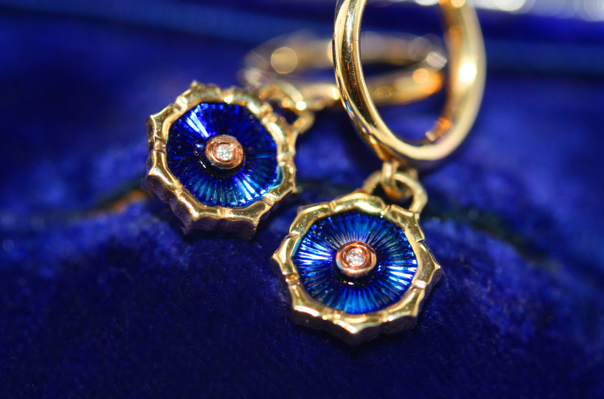 9ct Gold Electric Blue Enamel & Diamond Drop Earrings