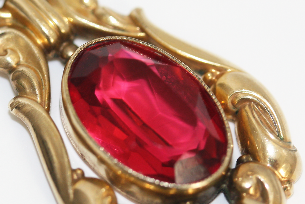 Thumbnail: Antique Andreas Daub 12ct Rolled Gold Pendant with Ruby Red Paste & 9ct Chain