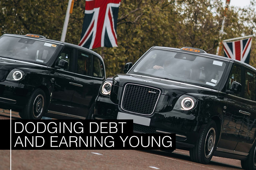 Two black taxis drive past Union Jack flags. Text reads "Dodging Debt and Earning Young." Overcast day with trees in the background.