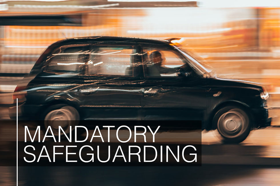 A black taxi speeds by with motion blur, set against city lights. The words "MANDATORY SAFEGUARDING" are prominently displayed in white text.
