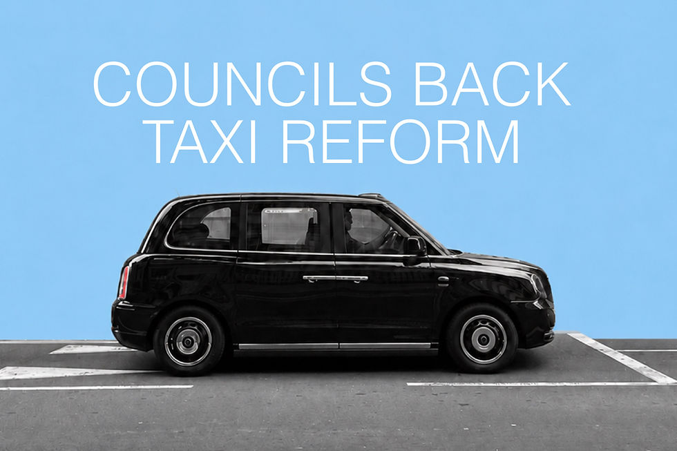 Black taxi on a blue background with the text COUNCILS BACK TAXI REFORM.