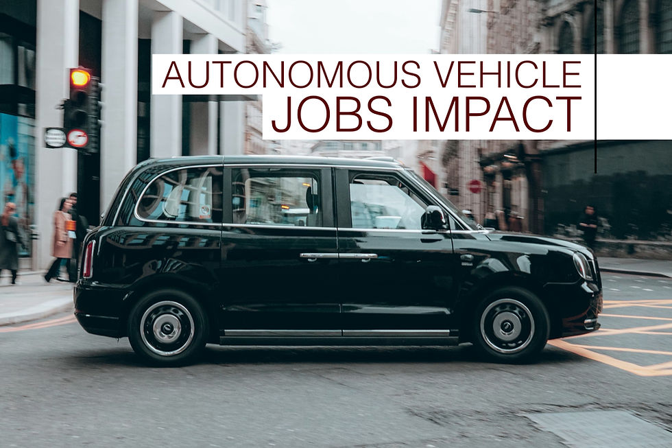 Black autonomous taxi in city street with headline Autonomous Vehicle Jobs Impact over blurred buildings and pedestrians
