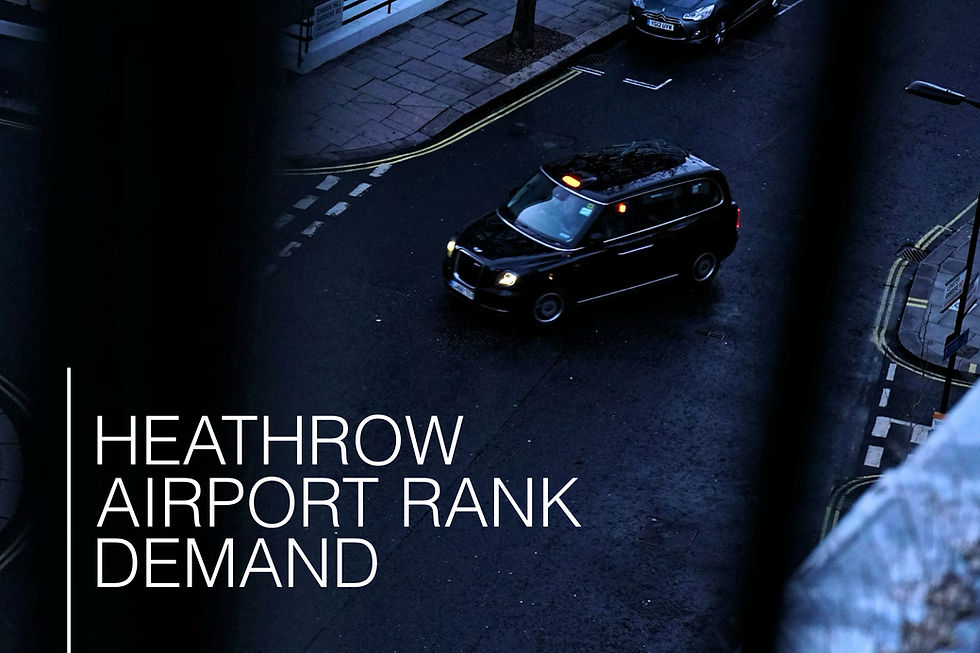 Black taxi on wet street at night. Text: Heathrow Airport Rank Demand. City backdrop with parked cars, streetlights, and buildings. Moody vibe.