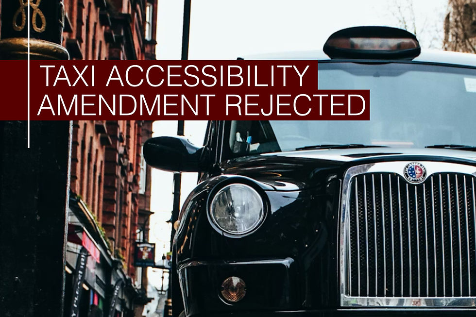 Black taxi on city street with red text overlay: "TAXI ACCESSIBILITY AMENDMENT REJECTED." Mood is tense; setting is urban.