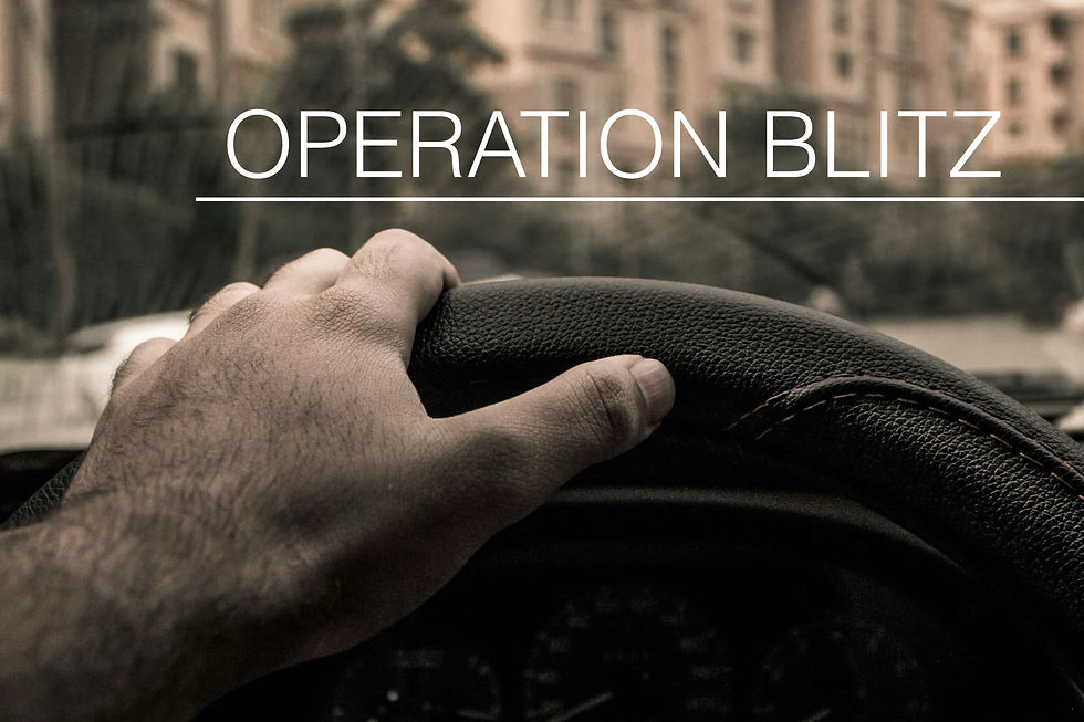 A hand grips a car steering wheel, with blurred buildings outside. The text "Operation Blitz" appears above, conveying action and focus.