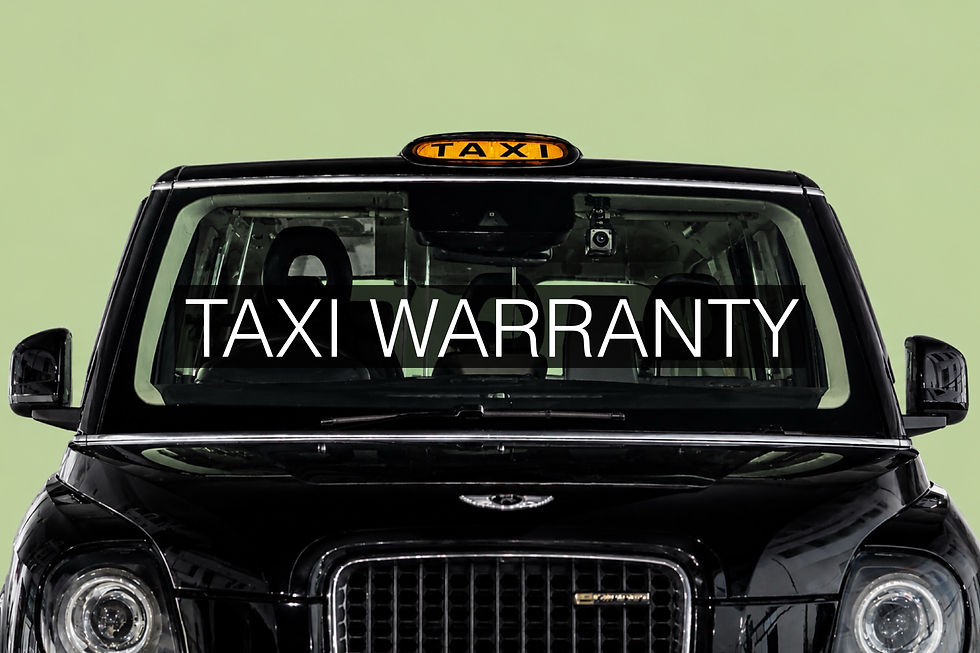 Front view of a black taxi with "TAXI WARRANTY" text on windshield. Yellow taxi sign on top. Light green background.