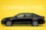 Black sedan car on yellow background with "COMMISSION FEES" text in white above. Bright and professional mood.