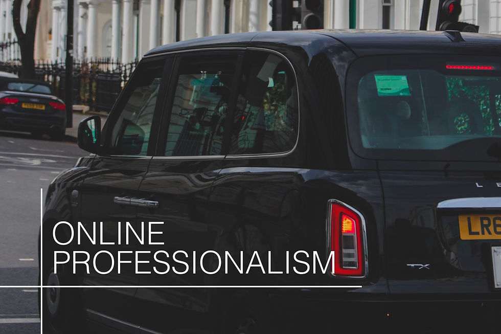 Black London taxi on a city street with red taillights; large text reads ONLINE PROFESSIONALISM.