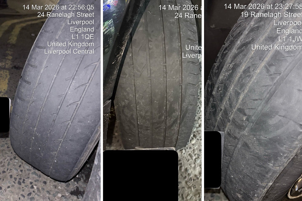 Three worn car tires on textured ground. Dates, times, and Liverpool address text overlay each image on different dates in March 2026.
