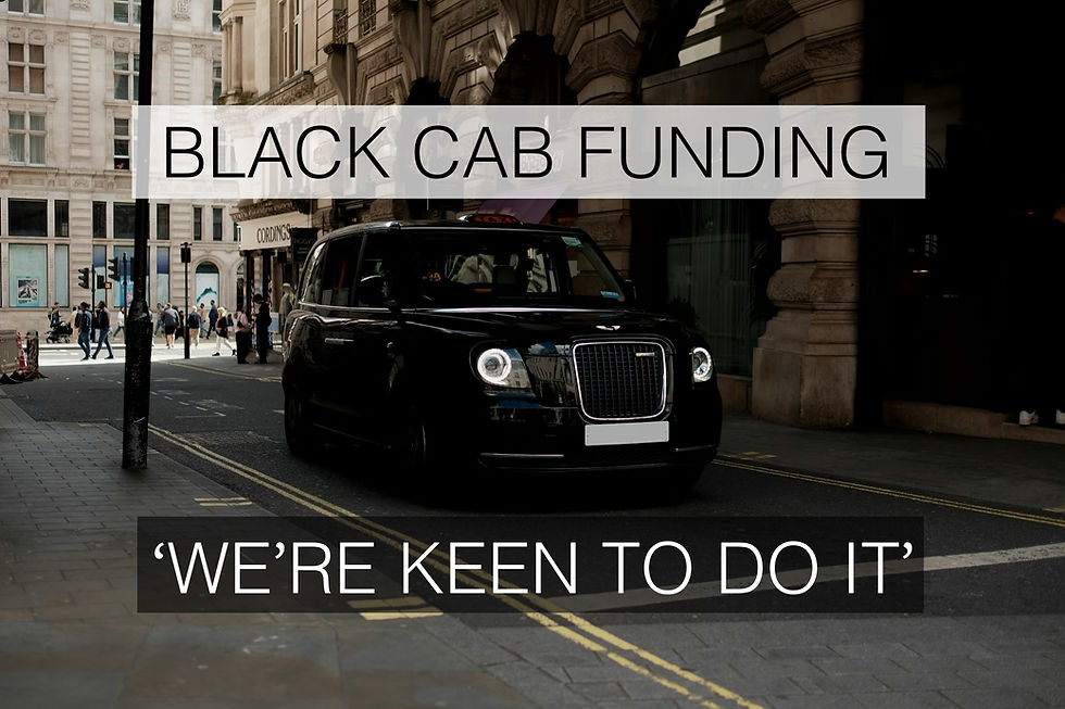 Black taxi driving on a city street with historic buildings. Text reads "BLACK CAB FUNDING" and "WE'RE KEEN TO DO IT".