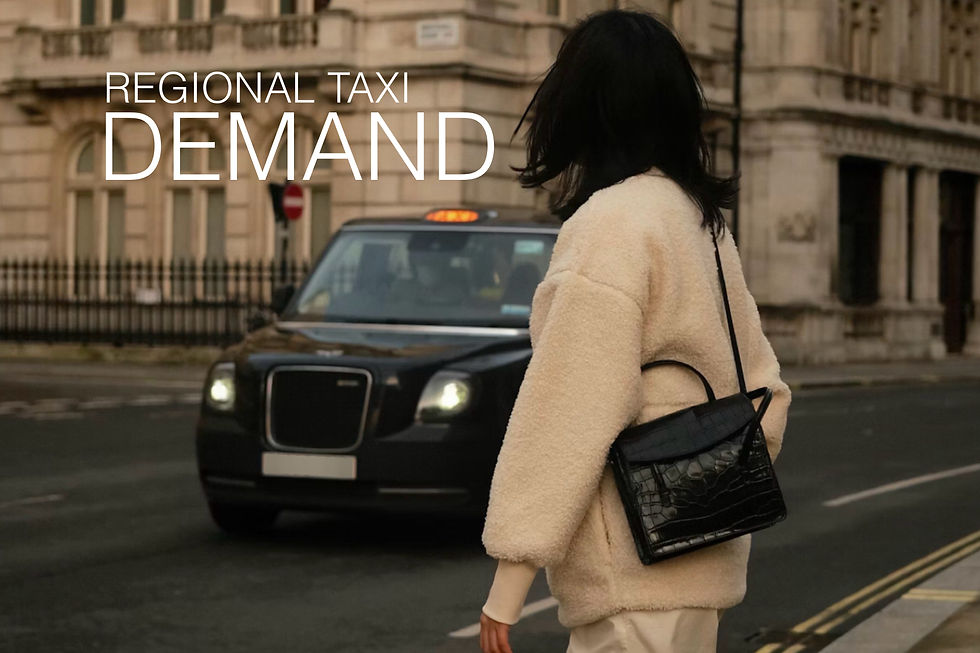 A person in a beige coat faces a black taxi on a city street. Text reads "Regional Taxi Demand". Urban buildings in background.