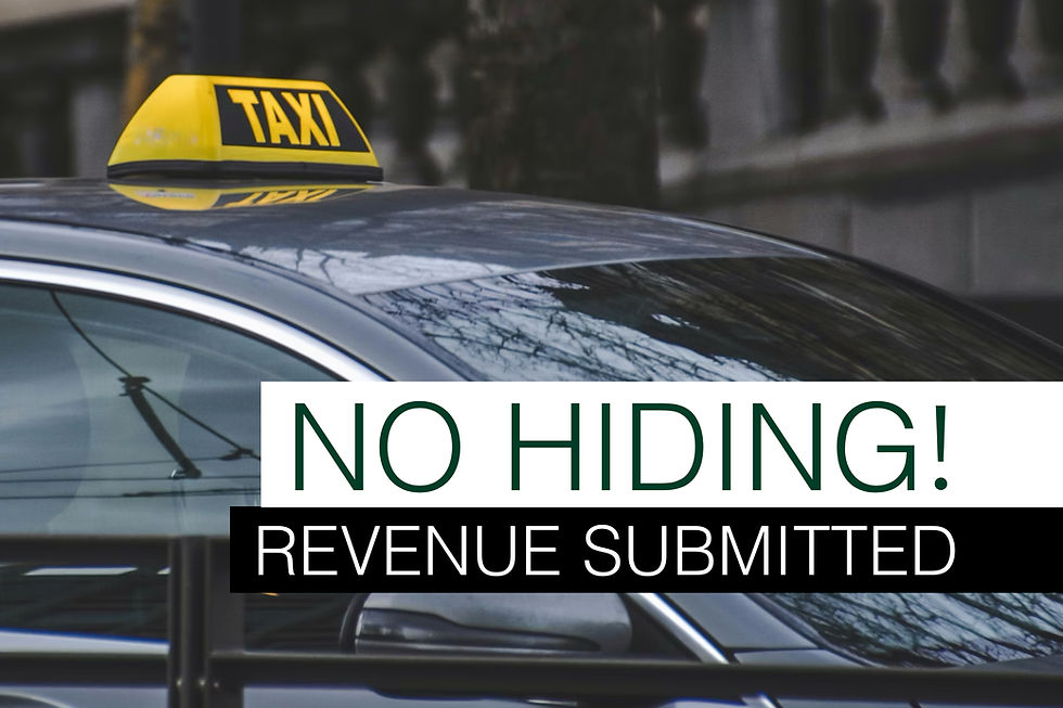 Yellow taxi sign on a car with text "NO HIDING! REVENUE SUBMITTED" overlaid. Urban background, reflective surface, and a serious tone.