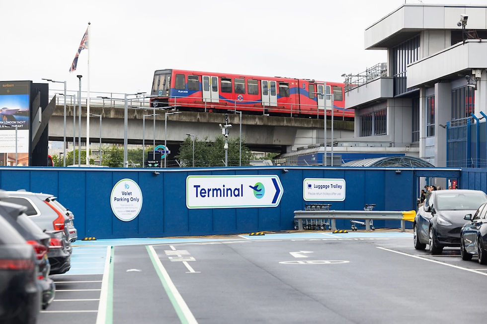 Red train on elevated track by a terminal with blue signs reading "Valet Parking Only" and "Luggage Trolley." Cars in the foreground.