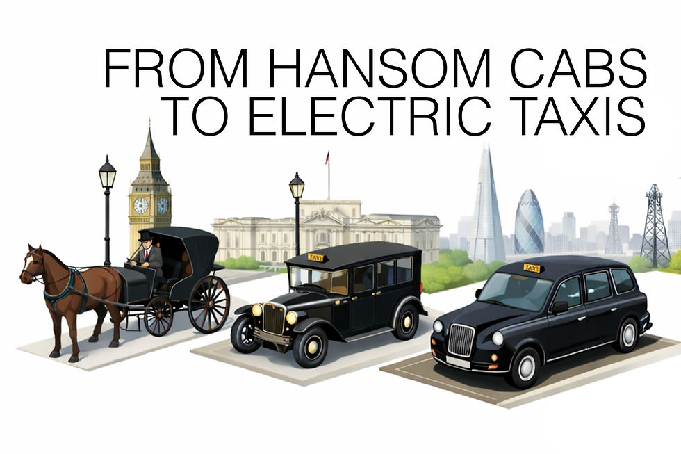 Horse-drawn cab, vintage taxi, and electric taxi in London skyline. Text reads: From Hansom Cabs to Electric Taxis. Tower and modern buildings in background.