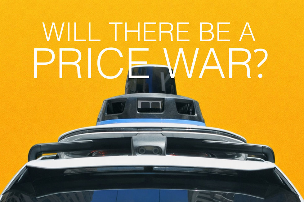 A blue and black car with a camera on top against a bright yellow background. Text reads "WILL THERE BE A PRICE WAR?".