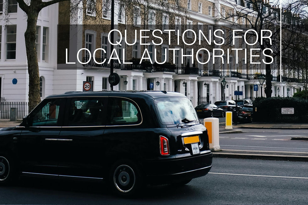 Black taxi on street in front of white townhouses. Text reads "QUESTIONS FOR LOCAL AUTHORITIES." Overcast day, 20 mph sign visible.