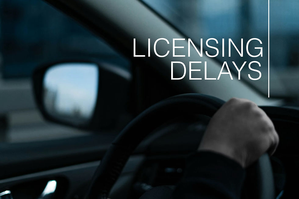 Close-up of a hand on a steering wheel inside a car, with blurred city background. Text reads "LICENSING DELAYS," creating a tense mood.
