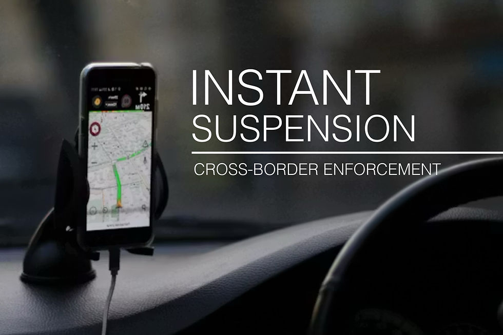 Car dashboard with a GPS showing a map. Text overlay: "Instant Suspension - Cross-Border Enforcement." Focus on navigation in motion.