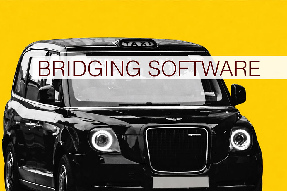 Black taxi with "BRIDGING SOFTWARE" text on it, set against a bright yellow background, creating a bold contrast.