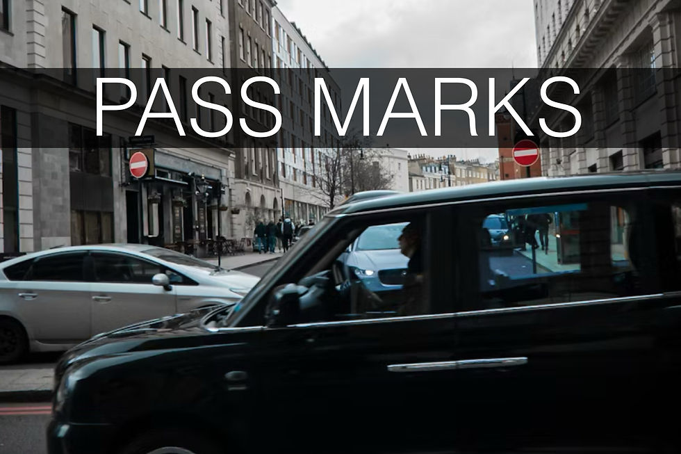 City street with moving cars, overcast sky. "PASS MARKS" text overlays. Pedestrians walk on the sidewalk, buildings line the background.