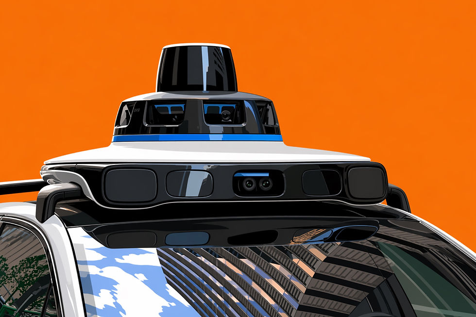 Close-up of a self-driving car's sensor on a roof against a bright orange background. Reflections show buildings and blue sky.