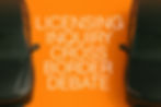 Two cars on an orange background with text: "Licensing Inquiry Cross Border Debate." Bold, minimalistic design.